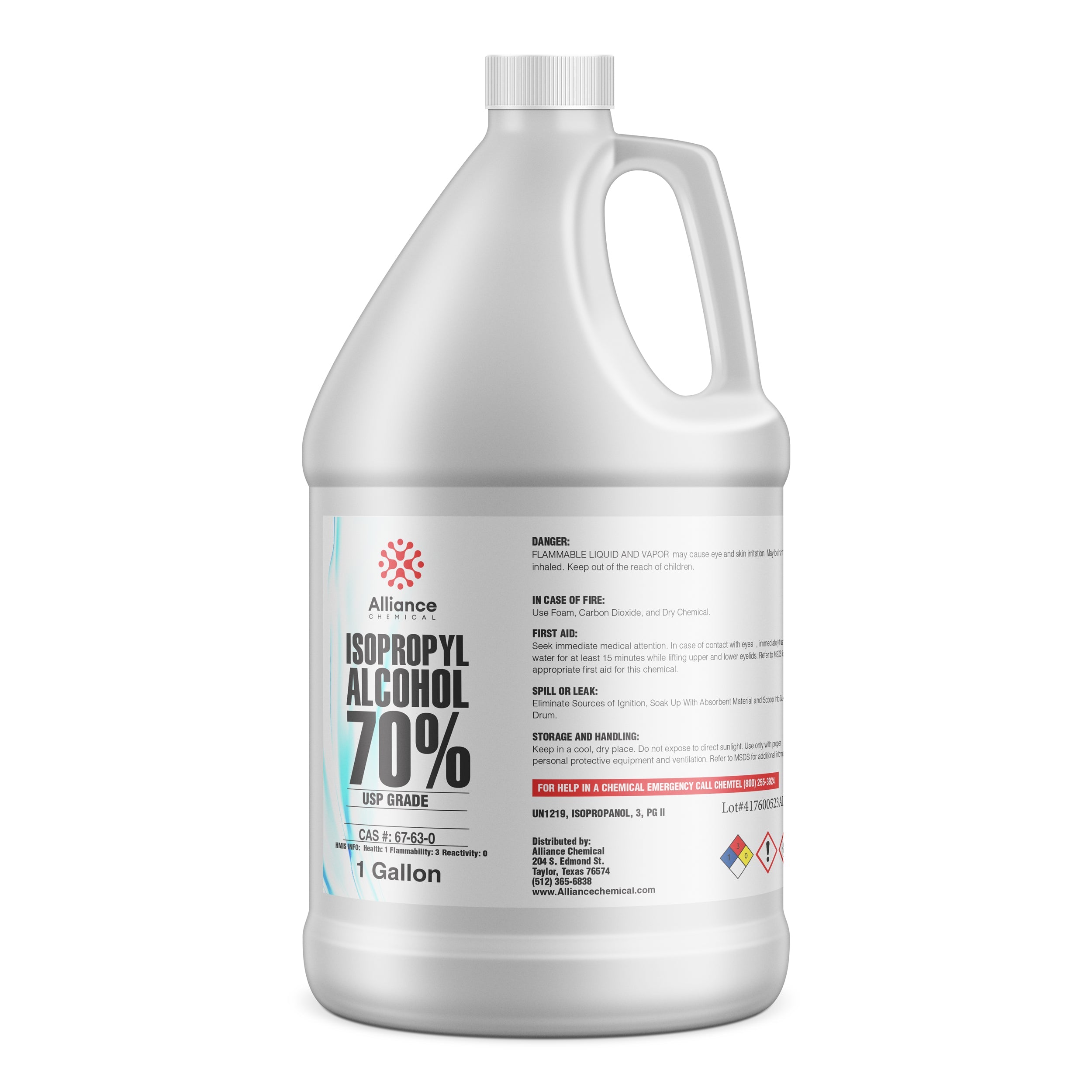 One-gallon container of 70% USP grade isopropyl alcohol in white HDPE jug with safety warnings, CAS 67-63-0, flammable liquid hazard diamond.